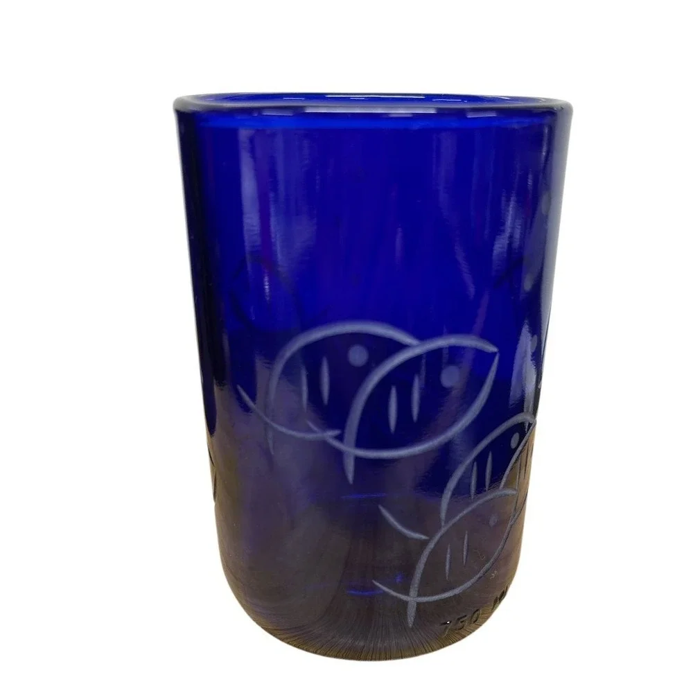 Rolf‎ Glass Blue Fish Twice Around 14 oz Recycled Glass Tumbler Set of 4 US Made